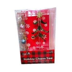 NEW Gift Essentials Holiday Glass Tree With Beaded Glitter Ornament Wine Charms
